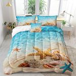 Bedbay King Size Comforter Set Beach Theme Bedding Set Starfish Shell Conch Sea Life Printed Ocean Comforter Set King Bedding Set Beach Themed Room Decor 3 Pieces Beach Comforter Set(Aqua,King)