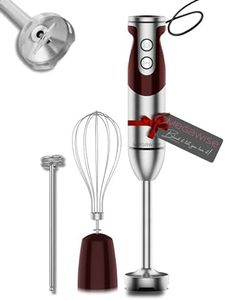 MegaWise Pro Titanium Reinforced 3-in-1 Immersion Corded Hand Blender, Powerful MOTOR with 80% Sharper Blades, 12-Speed Corded Blender, IncludingWhisk and Milk Frother (3-in 1 Red)