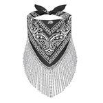 Women Finged Bandana Western Cowgirl Scarf Rhinestone Tassel Neckerchief Bachelorette Last Disco Party Favor (Black)