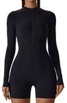 AIEOE Womens Bodycon Jumpsuit Slim Fit Stretchy Unitards Ladies Workout One Piece Outfit Long Sleeve Fitness Bodysuit Black Seamless Rompers for Yoga Running Gym XL