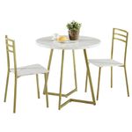 VECELO Small Round Dining Table Set for 2, Wood Tabletop with Strong Metal Frame, Modern Dinette with Chairs for Kitchen, Breakfast Nook Living Room, White and Gold