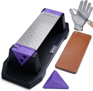 Grindance 3-Sided Diamond Sharpening Stone 400/1000/8000 Grit Whetstone with Angle Guide, Non-Slip Base, Leather Strop & Glove Premium Knife Sharpener for Kitchen, Hunting & Outdoor