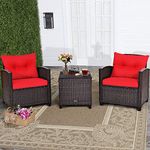 RELAX4LIFE Wicker Patio Furniture Sets - 3 Pieces Rattan Sofa Set, Outdoor Conversation Set with Tempered Glass Tabletop, Heavy-Duty Steel Frame, Wicker Chair Set for Poolside, Backyard (Red)