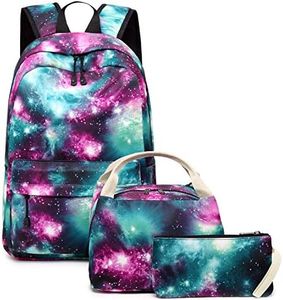 School Backpack Galaxy Teens Girls Boys Kids School Bags Bookbag with Lunch bag pencil pouchLaptop Sleeve (Galaxy Green-0033)