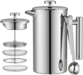 Enfmay Cafetière à Piston, French Press 1L avec Filtre 4 Couches et Cuillère, Presse Française à Café, Isolée en Acier Inoxydable, Amovible, Facile à Nettoyer, Argenté