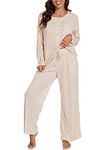 ReliWel Women's Pyjama Set Button Sleepwear Sets Long Sleeve 2 Piece Button Up Pjs Lounge with Wide Leg Pants Apricot