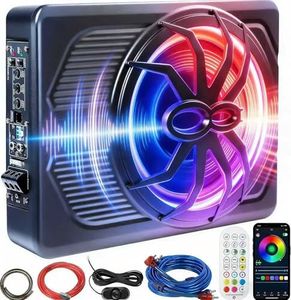 1000W Car Subwoofer with APP Control and Colour Light, 10'' Slim Under Seat Powered Car Subwoofer w/Built-in Amplifier & Hi/Lo Input, Bass Speaker Subwoofer for Car/Truck/SUV/Jeep/MPV