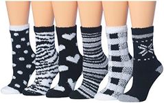 Tipi Toe Women's 6-Pairs Black And White Monochrome Anti-Slip Soft Fuzzy Winter Crew Home Socks, (sock size 9-11) Fits shoe size 6-9, FZ16-6