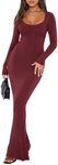 REORIA Womens Sexy Casual Square Neck Long Sleeve Soft Lounge Long Dress Fall Wedding Guest Formal Ribbed Bodycon Maxi Plus Size Dresses Burgundy X-Large