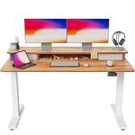 FEZIBO Height Adjustable Electric Standing Desk with Double Drawer, 140 * 60cm Stand Up Table with Storage Shelf, Sit Stand Desk with Splice Board, White Frame/Light Brown Top