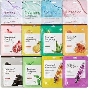 12 pièces Masques Tissus Hydratants, Masque de Beauté, Masque en feuille de Daily Care, Hydratants, Nourrissants, Apaisants, Soins du Visage pour Femmes