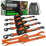 Rhino USA Retractable Ratchet Straps (4-Pack) - 1 Inch x 10 Feet (1,209lb Break Strength) - Heavy Duty Auto Self Retracting Tie Down Straps for Truck, Cargo Trailer, Motorcycle, Rad & More - Orange