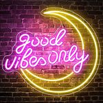 Neon Signs for Wall Decor - RESHAKE Good Vibes Neon Sign, USB Powered LED Neon Lights, Dimmable Moon Neon Lights for Bedroom Kids Room and Party Decoration, 14.5 x 13 Inch