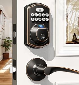 Veise Fingerprint Door Lock with 2 Lever Handles - Keyless Entry Door Lock, Electronic Keypad Deadbolt & Front Door Lock Handle Sets, Auto Lock, Easy Installation, Oil Rubbed Bronze