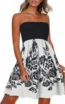 CHICGAL Womens Summer Dresses Strapless Boho Floral Print Sundress Beach Cover Ups(Black White Rose,2XL)