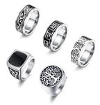 Finrezio 5Pcs Stainless Steel Rings for Men Greek Signet Thumb Silver Retro Carving Celtic Band Rings Vintage Biker Band Rings Set