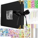 Scrapbook Photo Album, 80 Black Pages 30 * 21 cm Black Scrapbook with Scrapbook Accessories-6 PCS Pens, 12 Sheets Stickers & 4 Stencils DIY Photo Album for Anniversary, Wedding, Travelling