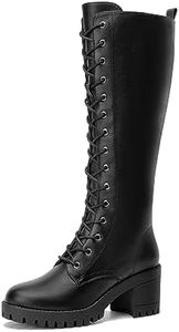 EETTARO Women's Lace Up Knee High Boots Fashion Chunky Block Heel Lug Sole Motorcycle Riding Side Zipper Boot, Black Pu, 8