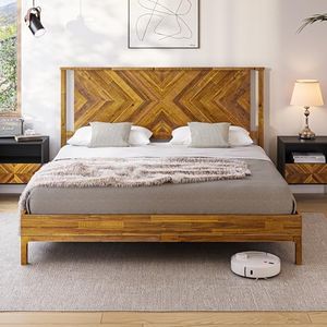 Bme Vivian 14 Inch Deluxe Bed Frame with Headboard, Rustic & Scandinavian Style with Solid Acacia Wood, No Box Spring Needed, 12 Strong Wood Slat Support, Easy Assembly, King, Rustic Golden Brown