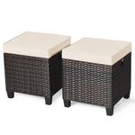 DORTALA 2 Piece Patio Wicker Ottomans, 2 in 1 Outdoor PE Rattan Side Table & Footstool Foot Rest with Cushions for Couch, Chair, White