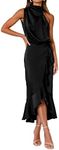 KIRUNDO Womens 2024 Summer Satin Mock Neck Party Cocktail Midi Dress Sleeveless Wrap Ruffle Mermaid Hem Formal Dresses(Black, Large)