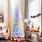 SHareconn 6ft Premium Prelit Artificial Hinged Slim Pencil Christmas Tree with Remote Control, 240 Warm White & Multi-Color Lights, Full Branch Tips, First Choice Decorations for X-mas, 6 FT, White