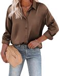 Chigant Silk Button Down Shirts Causal Long Sleeve Satin Blouse Business Tunic Tops Light Coffee