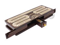 House of Cribbage - Continuous Cribbage Board/Box Inlaid in Wenge Wood/Maple : 4 Track - Sliding Lids & Drawer with Score Marking Fields for Skunks, Corners and Won Games