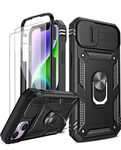 LeYi for iPhone 14 Plus 6.7'' Case Camera Cover Slider and 2 Tempered Glass Screen Protector, Ring Holder 360° Full Body Protective Shockproof Hard Armour Rugged Phone Case Cover Black