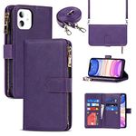 Jaorty for iPhone 11 Phone Case Wallet for Women with Strap,for iPhone 11 Crossbody Case with Credit Card Holder,for iPhone 11 Case Slots Zipper Lanyard Strap Leather Cases for Men,6.1" Purple