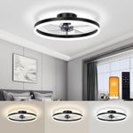 VOLISUN Low Profile Ceiling Fan with Lights and Remote, 15.7in Bladeless Ceiling Fans with light Flush Mount, 3000K-6500K Dimmable Modern LED Fan Light, Black Fandelier Ceiling Fans for Bedroom