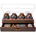 The Watch Deck Pro: Made to Show Off Your Collection — Stylish Display Case for 4 Watches – Accessory Drawer, Wooden Posts & Vegan Leather Lining – Men’s Watch Box & Watch Case with Lifetime