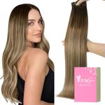 YoungSee Brown Balayage Clip in Hair Extensions Straight Hair Extensions Clip ins Dark Brown Balayage to Blonde with Brown Clip on Human Hair Extensions Lace Clip in Real Hair Extension 14In 120G 7Pcs