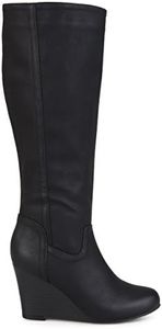 Brinley Co. Womens Regular and Wide Calf Round Toe Faux Leather Mid-Calf Wedge Boots, Black, 6.5