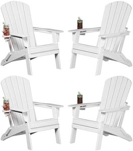 Plawdlik Folding Adirondack Chair, SGS Tested, Wooden Textured with Cup Holder, Heavy All-Weather HDPE Comfortable Set Poolside Backyard Lawn White Set 4