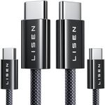 LISEN 240W USB C to USB C Cable, USBC to USBC Type C Charger Fast Charging Cable Cord for iPhone16 Pro Max 15 Plus MacBook Pro iPad Pro Samsung S24 Compatible 140W/100W/60W,10ft+10ft/2 Pack/Black