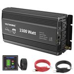 Power Inverter 1500Watt Pure Sine Wave Inverter 12V to 110V 120V AC with UL Fuses Compatible with Lithium Battery for Home RV Truck Off-Grid Solar with 15FT Battery Level Monitor Remote by VOLTWORKS