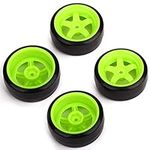 BQLZR 65 mm OD Black Plastic Smooth Tires with Green Wheel Rims for RC 1: 10 On Road Racing & Drift Car Pack of 4