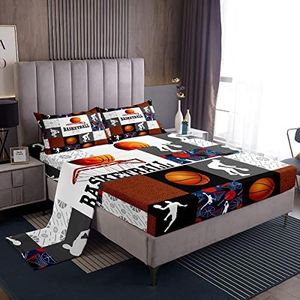 Basketball Queen Bed Sheets Deep Pocket For Boys Sports Bedding Sheet S Basketball Athlete Sheet Set Patchwork Style Orange Black White Grey Fitted Sheet Soft Breathable Flat Sheet 2 Pillow Cases