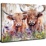 Rustic Cow Pictures Wall Decor Watercolor Wildflower Wall Art Kitchen Western Highland Cow Canvas Print Farmhouse Cattle Animal Painting for Living Room Bedroom Nursery Artworks Home Decoration 12x16”