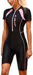 FEOYA Boyleg Swimsuits for Womens Modest One Piece Swimsuits Zipper Bodysuit Swim Contrast Tech Suit Pink, L