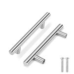 Flexzion 15 Pack Kitchen Cabinet Handles Silver Drawer Pulls 6 inch, 3.8 inch Hole Center, Solid Stainless Steel T Bar with Satin Brushed Nickel, Hardware for Kitchen Cupboard Door Bathroom Furniture