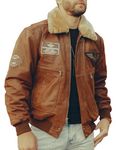 FLAVOR Men's Real Leather Bomber Jacket with Removable Fur Collar Aviator