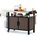 Onlyfire 53-Inch Dining Cart Table Storage Cabinet with XL Stainless Steel Countertop, Rolling Kitchen Island Worktable with Side Shelf and Wheels for Indoor Outdoor