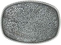 KDG Western Cowboy Belt Buckles Antique Copper Large Custom Belt Buckles Engraved Floral with Rope Edge Novelty Buckles, Silver