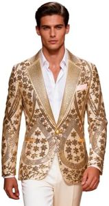 PYJTRL Men's Embroidered Sequin Floral Pattern Blazer Jacket with Rhinestone Notched Collar for Wedding Party Prom,Gold,L