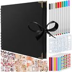 Bstorify Large Scrap book Photo Album, (198 PCS) - 80 Pages 28 x 20 CM With 174 PCS Vintage Scrapbook Accessories Paper, 10 PCS Metallic Marker, 6 Stickers, 120 Photo Corners & 5 Stencils (Black)