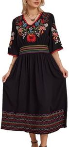 Higustar Mexican Embroidered Dresses for Women Boho Peasant Traditional Fiesta Bohemian Floral Long Dress, Black-13, X-Large