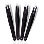 Wamza Tweezers for Facial Hair Women & Men - Pack of 4 -Slanted Eyebrow Tweezers Professional- Stainless Steel Precision Eyebrow Hair Pluckers/Tweezers for Women - for Chin & Fine Hair (Black 4)