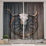 Ambesonne Barn Wood Wagon Wheel Long Kitchen Curtains, Long Horned Bull Skull and Old West Wagon Wheel on Rustic Wall, Two Panels Drapes with Rod Pocket Room Decor, 55" X 45", Black Brown